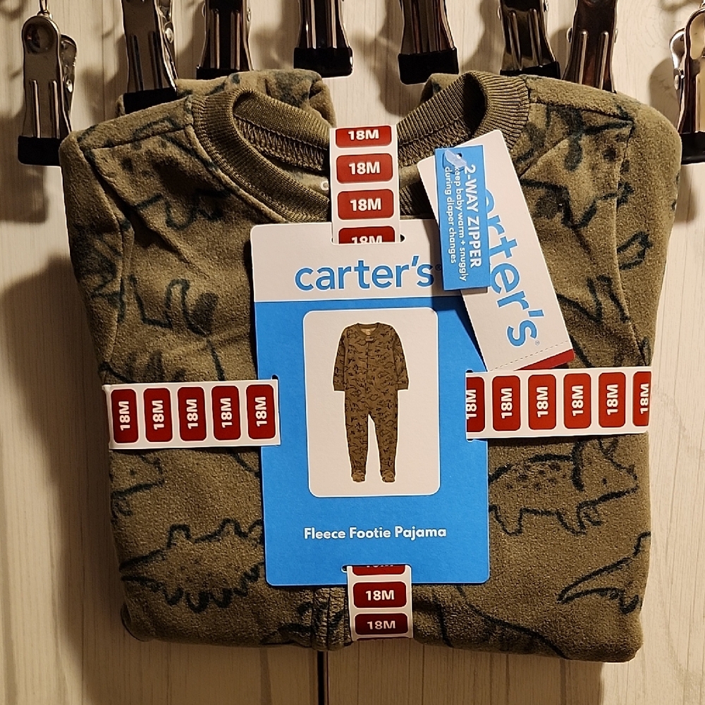 Carter's Olive Green Fleece Footie with Dino Silhouettes